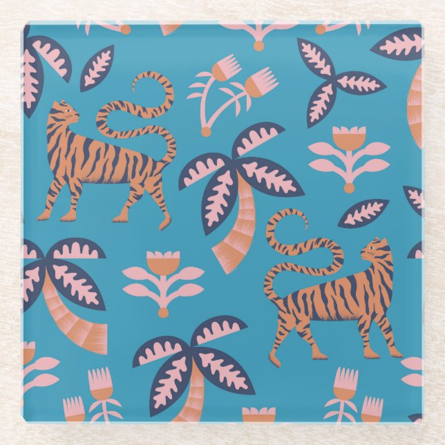 Retro tiger, palm tree, flower pattern glass coaster (Front)
