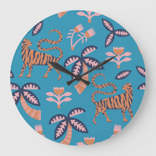 Retro tiger, palm tree, flower pattern large clock