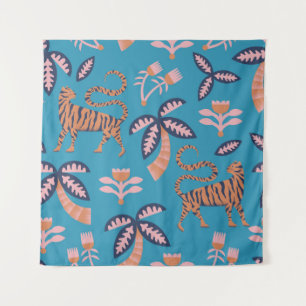 Retro tiger, palm tree, flower pattern tapestry