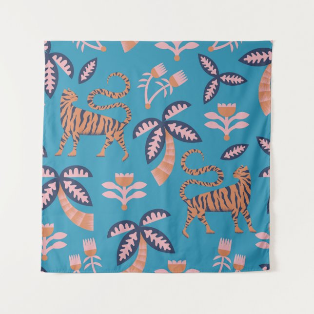 Retro tiger, palm tree, flower pattern tapestry (Front)