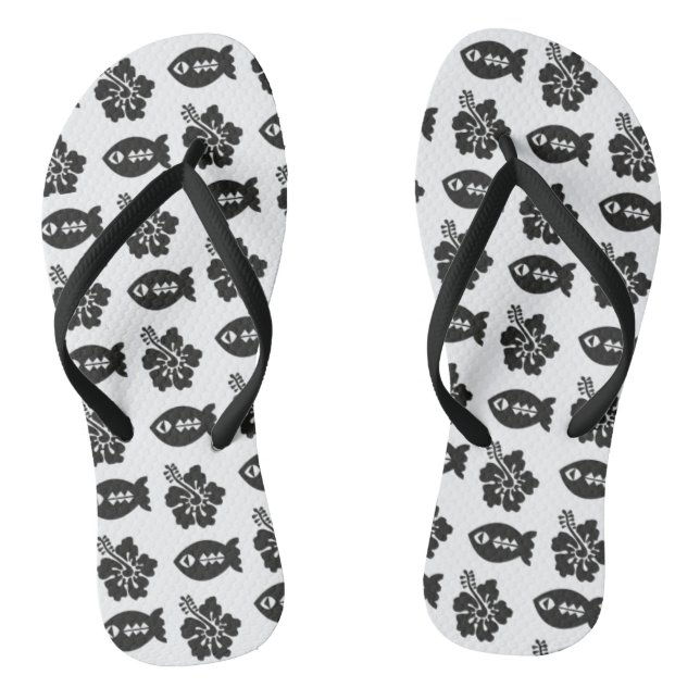 Retro Tiki Black and White Pattern Flip Flops (Footbed)