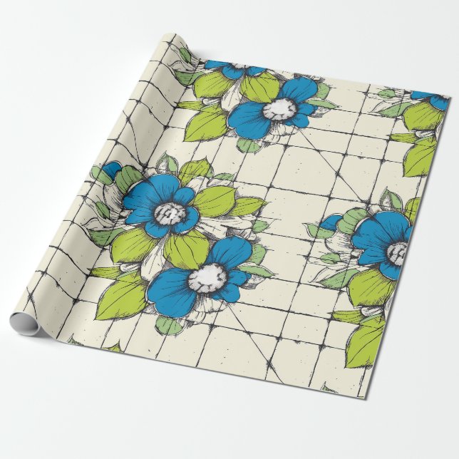 Retro Tile Bloom Floral Wrapping Paper (Unrolled)
