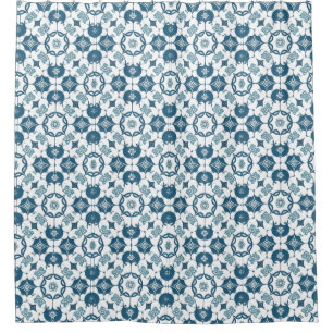 Retro Tile Effect Geometric Patterned Blue White