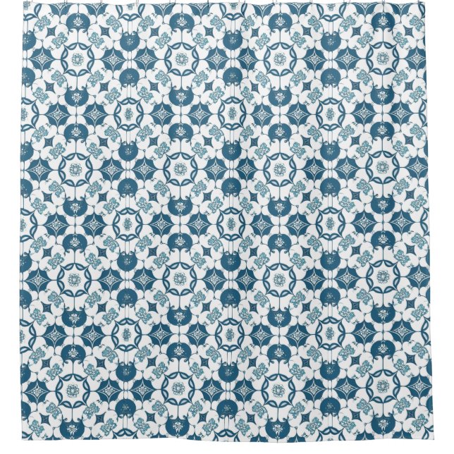 Retro Tile Effect Geometric Patterned Blue White (Front)