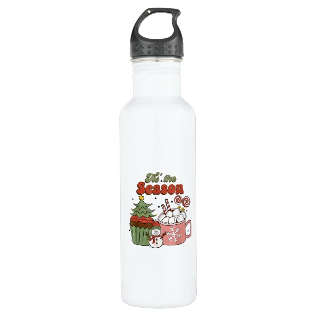 Retro Tis The Season Christmas Tree Coffee Snowman 710 Ml Water Bottle (Front)