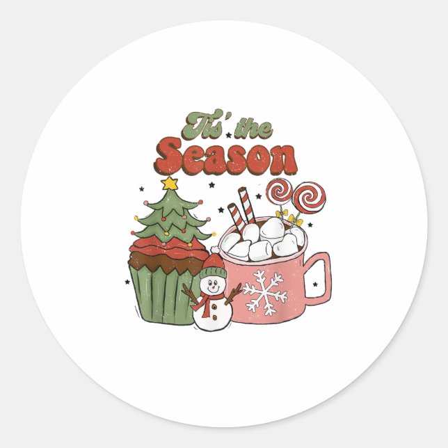 Retro Tis The Season Christmas Tree Coffee Snowman Classic Round Sticker (Front)