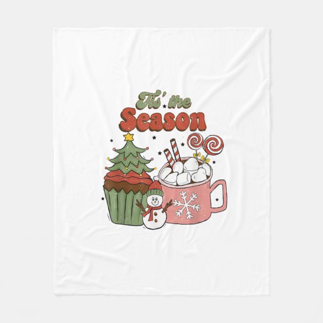Retro Tis The Season Christmas Tree Coffee Snowman Fleece Blanket (Front)