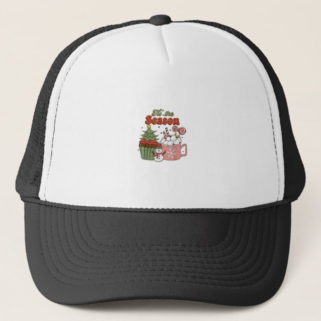 Retro Tis The Season Christmas Tree Coffee Snowman Trucker Hat (Front)