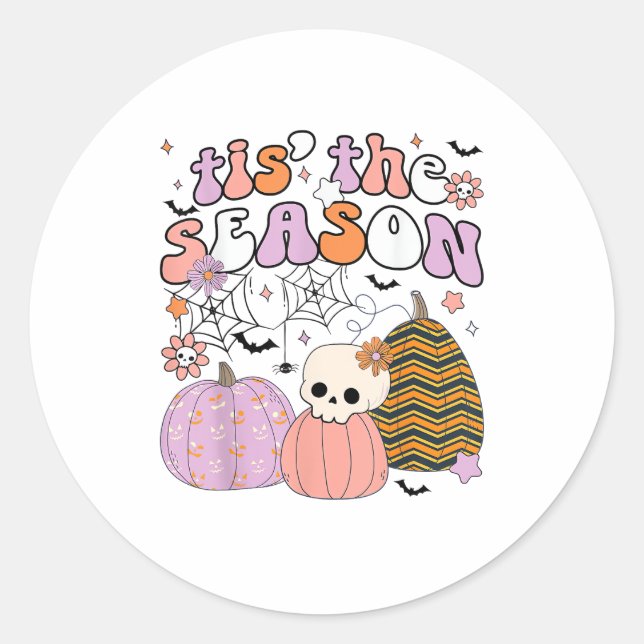 Retro Tis The Season Pumpkin Halloween Skull Spook Classic Round Sticker (Front)