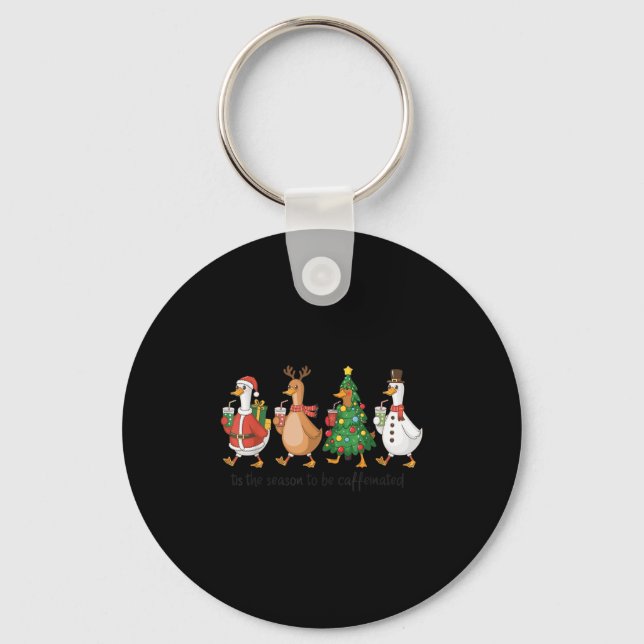 Retro Tis The Season To Be Caffeinated Funny Goose Keychain (Front)