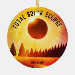 Retro Total solar eclipse April 8, 2024 landscape Ceramic Ornament