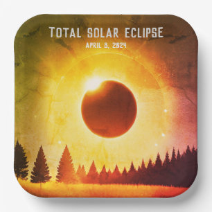 Retro Total solar eclipse April 8, 2024 landscape Paper Plate