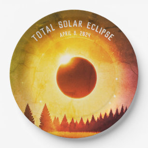 Retro Total solar eclipse April 8, 2024 landscape Paper Plate