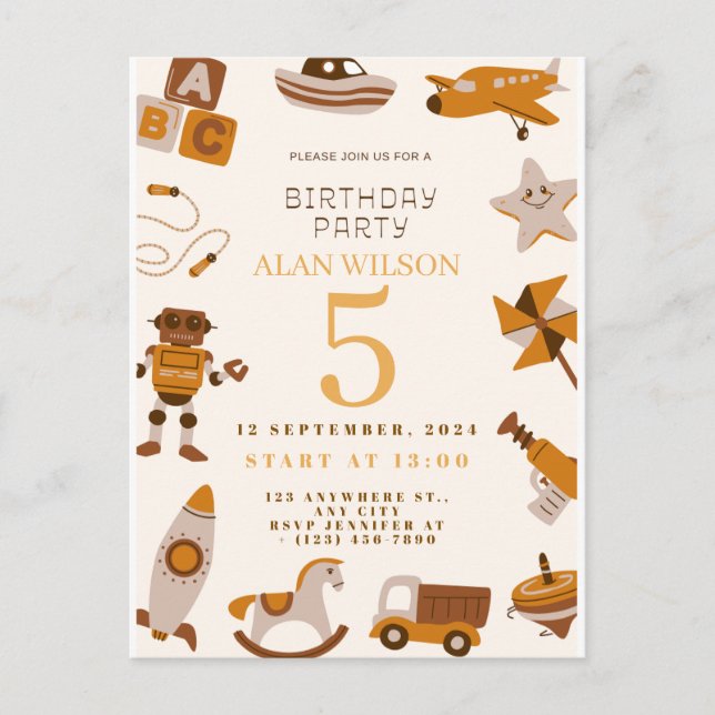 Retro Toys Boys Birthday Invitation Postcard (Front)