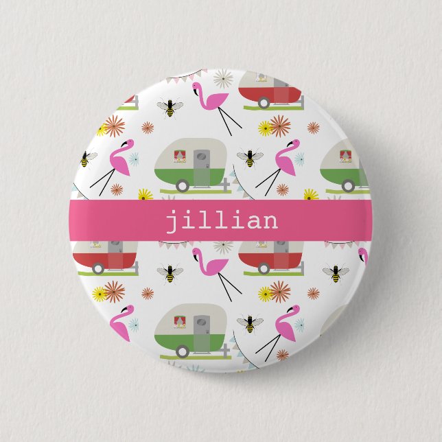 Retro Trailer & Flamingos Pattern 2 Inch Round Button (Front)