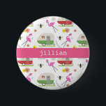 Retro Trailer & Flamingos Pattern 2 Inch Round Button<br><div class="desc">This product features a pattern which incorporates illustrations of retro vintage inspired camper trailers,  pink flamingos,  bees,  and flowers.</div>