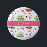 Retro Trailer & Flamingos Pattern 2 Inch Round Button<br><div class="desc">This product features a pattern which incorporates illustrations of retro vintage inspired camper trailers, pink flamingos, bees, and flowers.</div>