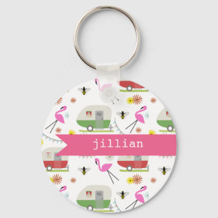Retro Trailer & Flamingos Pattern Keychain