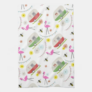 Retro Trailer & Flamingos Pattern Kitchen Towel