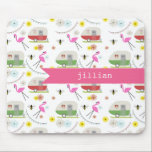 Retro Trailer & Flamingos Pattern Mouse Pad<br><div class="desc">This product features a pattern which incorporates illustrations of retro vintage inspired camper trailers,  pink flamingos,  bees,  and flowers.</div>