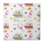 Retro Trailer & Flamingos Pattern Tile<br><div class="desc">This product features a pattern which incorporates illustrations of retro vintage inspired camper trailers, pink flamingos, bees, and flowers.</div>