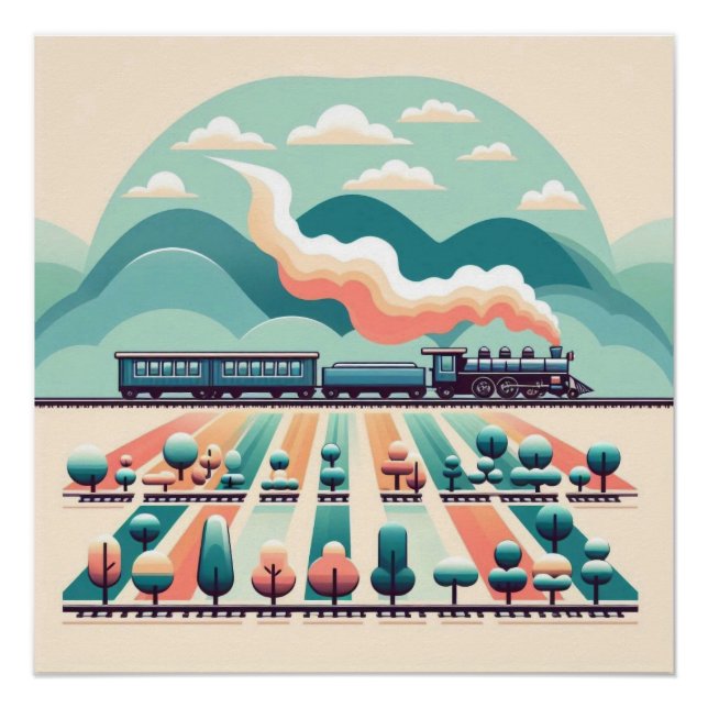 Retro Train Journey Through Surreal Landscapes Poster (Front)