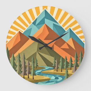 Retro Travel Poster Burnt Orange Olive Teal Large Clock