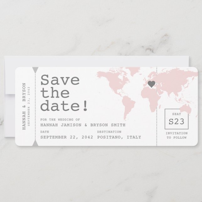 Retro Travel Theme Map Boarding Pass Ticket Save The Date (Front)