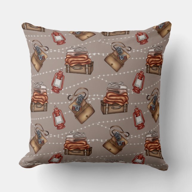 Retro Traveller & Cameraman Essentials Throw Pillow (Front)