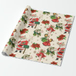Retro Treasures Christmas Wrapping Paper<br><div class="desc">This wrapping paper features a charming retro Christmas pattern with a cream-coloured background. The design includes repeating images of a jolly Santa Claus standing next to a green mailbox, a young girl in a red and green dress ringing a bell, bright red poinsettias, and clusters of holly and bells. Small...</div>