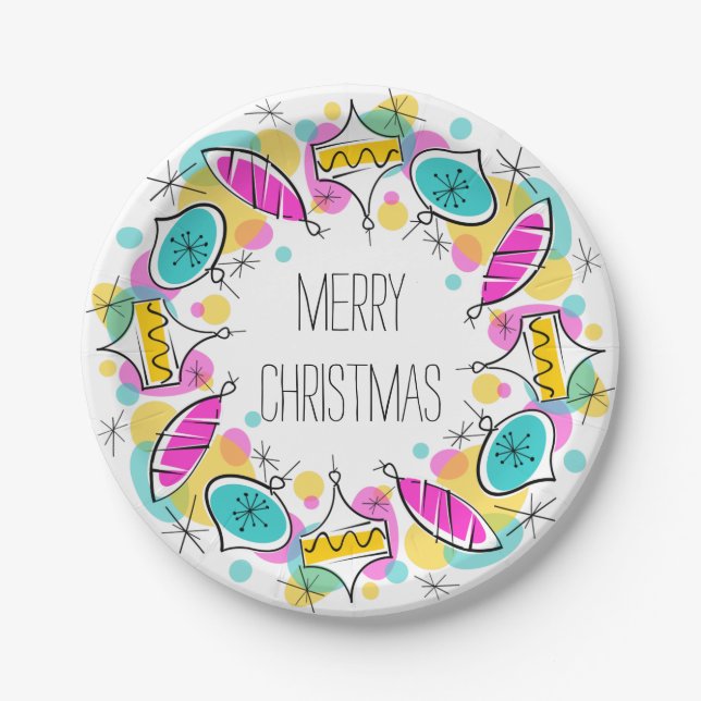 Retro Tree Baubles Circle Christmas paper plates (Front)