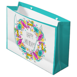 Retro Tree Baubles Circle Holidays large turquoise Gift Bag