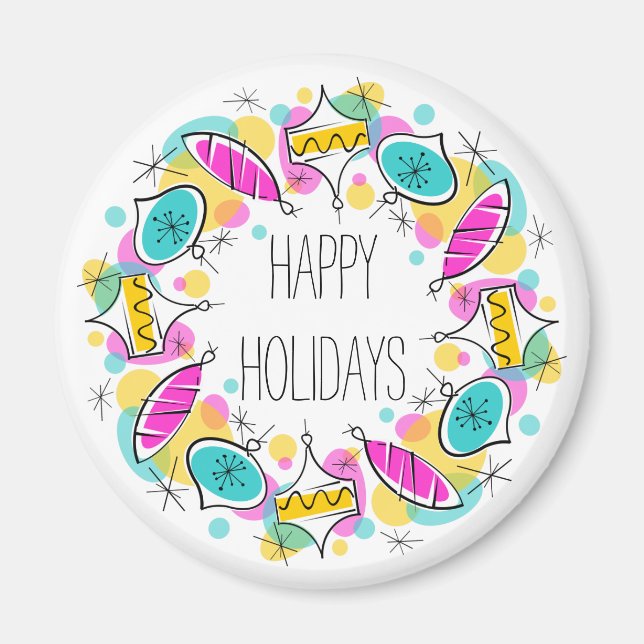 Retro Tree Baubles Circle Holidays magnet round (Front)