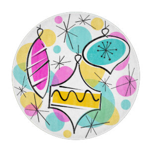 Retro Tree Baubles cutting board round