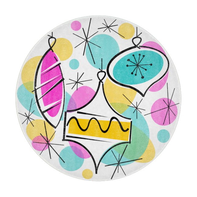 Retro Tree Baubles cutting board round (Front)