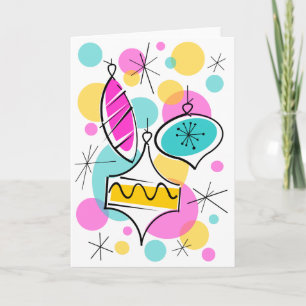 Retro Tree Baubles greetings card vertical