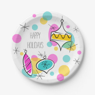Retro Tree Baubles Happy Holidays paper plates