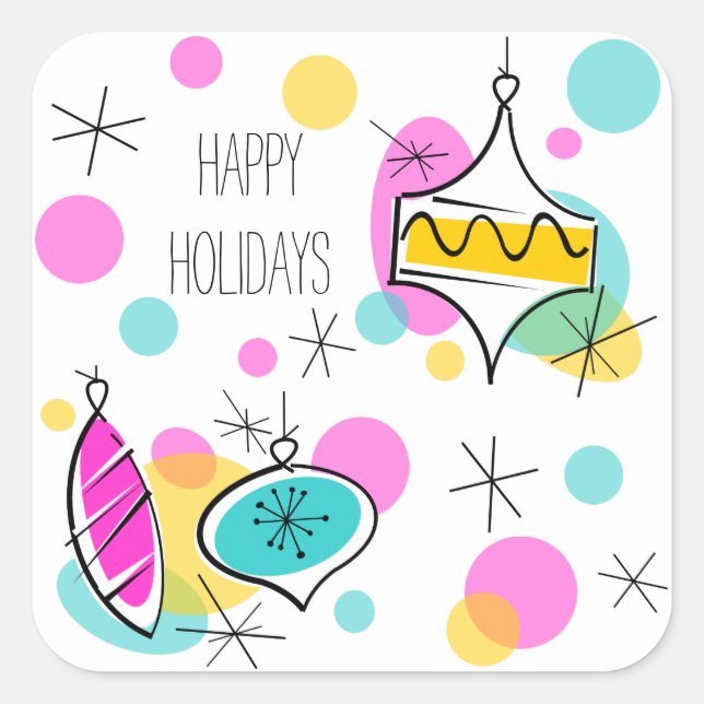 Retro Tree Baubles Happy Holidays sticker square (Front)