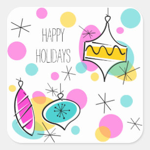 Retro Tree Baubles Happy Holidays sticker square