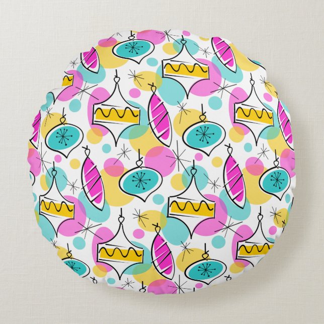 Retro Tree Baubles Multi throw pillow round (Front)