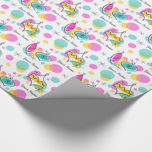 Retro Tree Baubles Name wrapping paper (Corner)