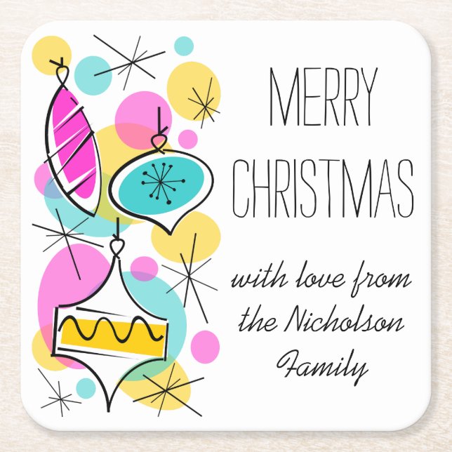 Retro Tree Baubles Side Christmas Text square Paper Coaster (Front)