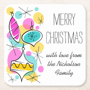 Retro Tree Baubles Side Christmas Text square Square Paper Coaster