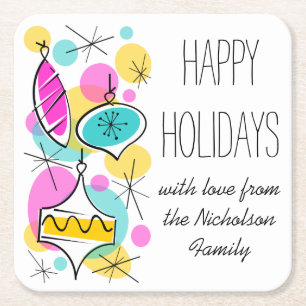 Retro Tree Baubles Side Holidays Text square Square Paper Coaster