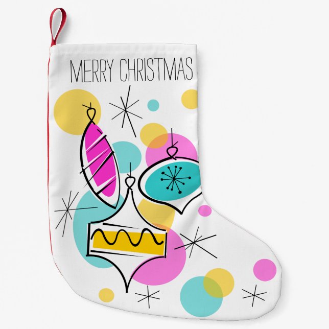 Retro Tree Baubles Text stocking red back (Front)