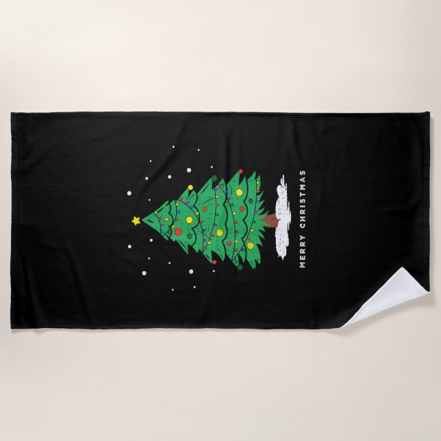 Retro Tree Merry Christmas Tree Lights Beach Towel (Front)