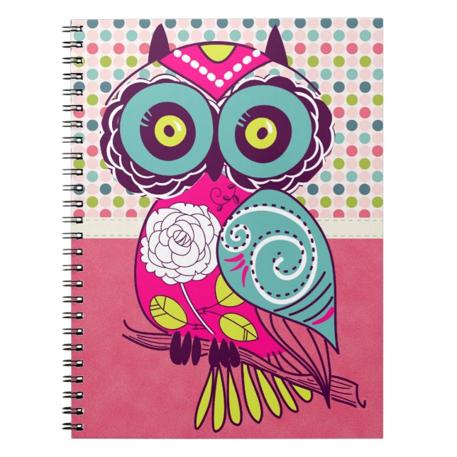 Retro Trendy Colourful Folk Art Owl Notebook (Front)
