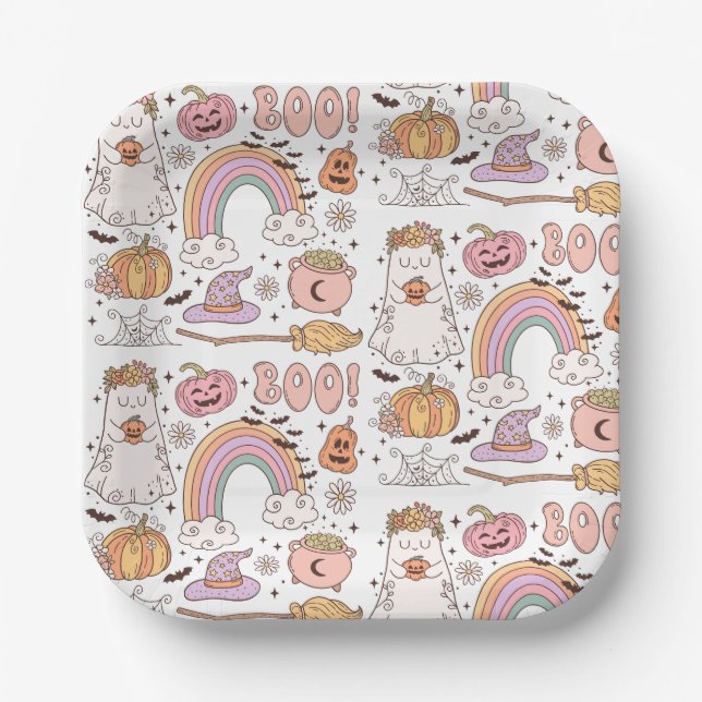 Retro Trendy Cute Halloween Elements Ghost Pumpkin Paper Plate (Front)