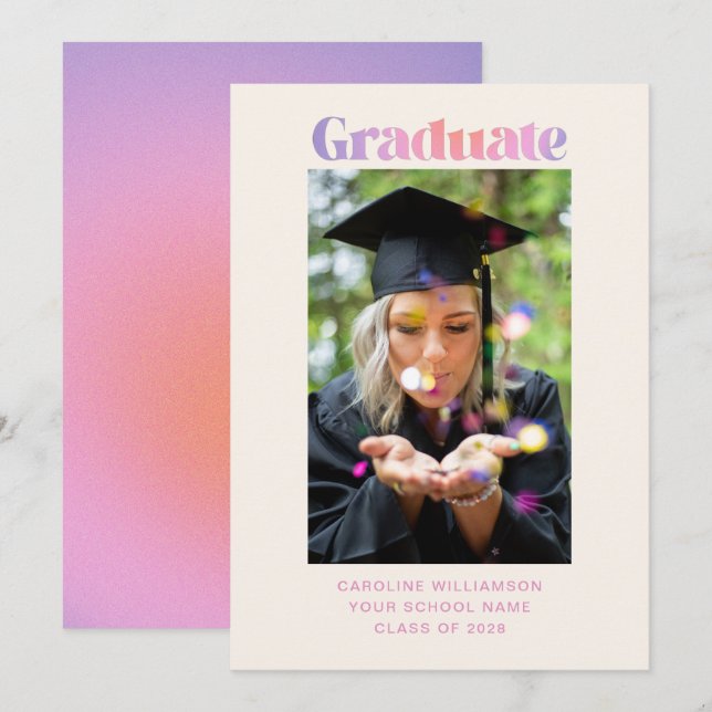 Retro Trendy Pastel Purple Pink Graduation Photo Announcement (Front/Back)