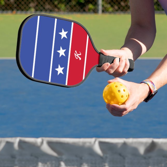 Retro Trendy Stripe American Flag Monogrammed Pickleball Paddle (Insitu)